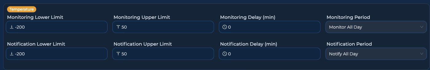 Configure Monitoring Range, Notification Range, delays, and exclusion periods separately.